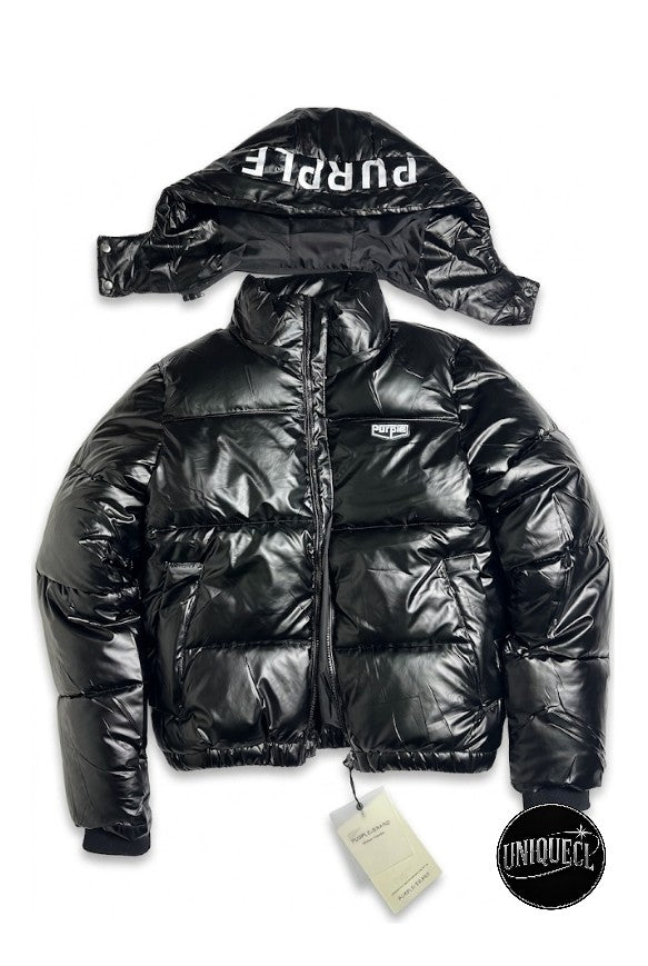 Chaqueta Puffer Brillante Negra con Capucha Desmontable